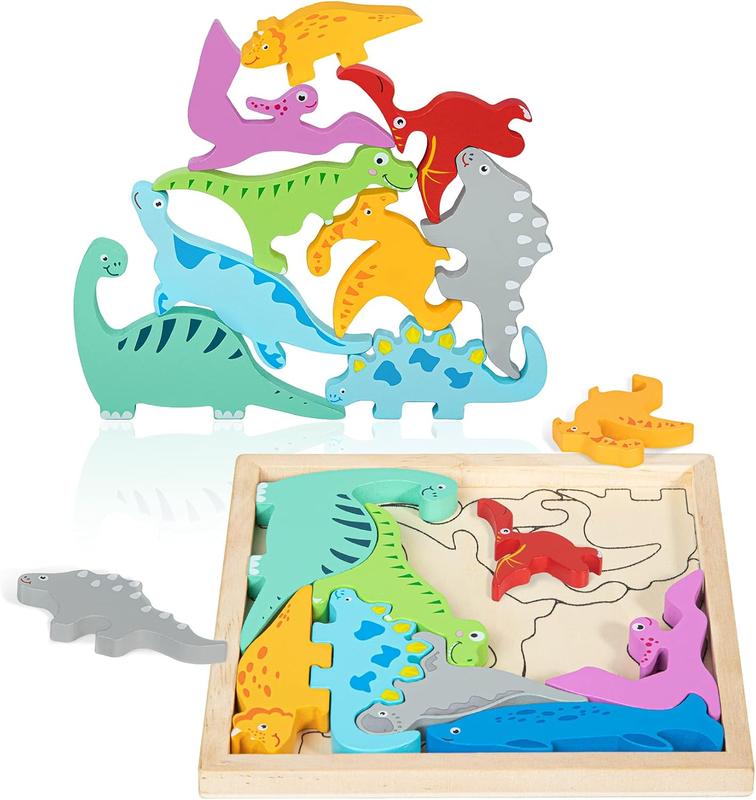 Wooden Dinosaur Puzzles for Toddlers 2-4, Stacking Dinosaur Blocks Toys Cognitive Learning Montessori Educational Toys for 2 3 4 Year Old Gifts