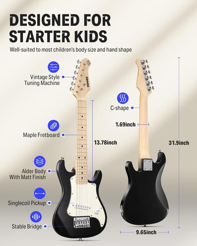 Donner 30 Inch Kids Electric Guitar Beginner Kits ST Style Mini Electric Guitar for Boys Girls with Amp, 600D Bag, Tuner, Picks, Cable, Strap, Extra Strings, DSJ-100, Black