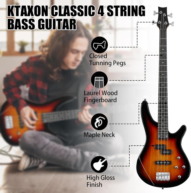 Ktaxon 4 String Electric Bass Guitar, Full Size Standard Right Handed Rosewood Fingerboard Beginner Kit with Cable Wrench Tool (Sunset)