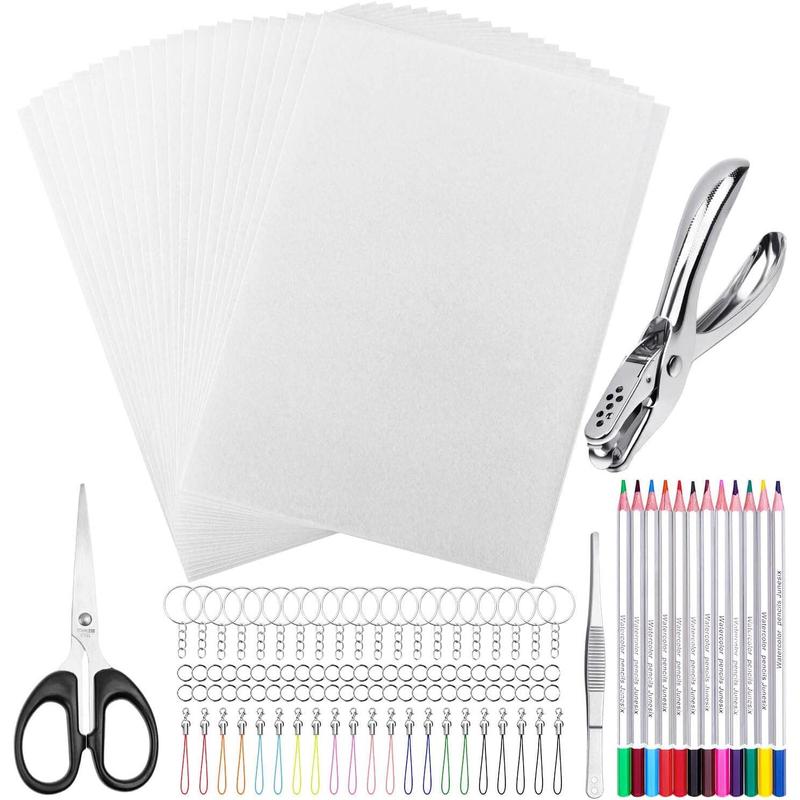 Shrinky Plastic Sheets Keychain Kit, 125Pcs Shrinky Art Kit Including 20 Pcs Shrinky Paper Sheets, Hole Punch, Pencils, Keychains, Tweezers, Scissors for Crafts and Keychains