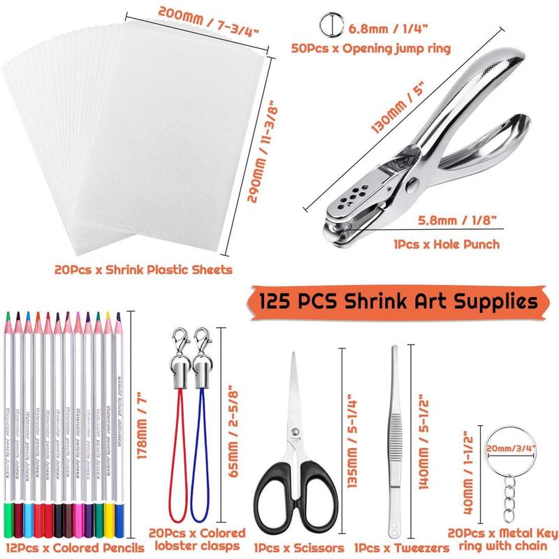 Shrinky Plastic Sheets Keychain Kit, 125Pcs Shrinky Art Kit Including 20 Pcs Shrinky Paper Sheets, Hole Punch, Pencils, Keychains, Tweezers, Scissors for Crafts and Keychains