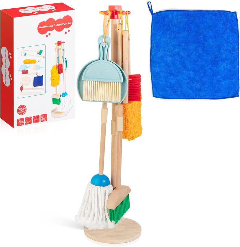 Montessori Wooden Cleaning Set, 8 Pieces Broom and Mop Set, Housework Pretend Play Toy, Christmas Gift for Toddlers Girls Boys