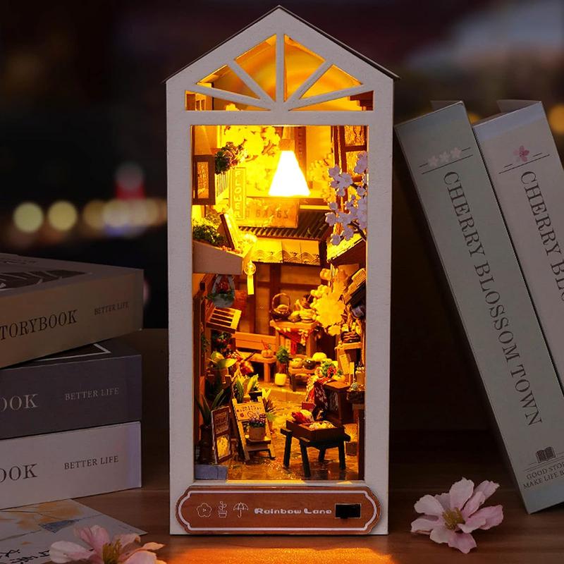 Rainbow Lane DIY Dollhouse Miniature Book Nook Assemble Kit,3D Wooden Puzzle Bookshelf Insert Decor with Sensor Light,Bookends Model Build-Creativity Kit for Adults Birthday Gift