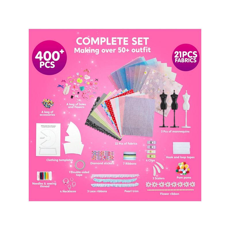 Kits 400+PCS Fashion Design Crafts For Kids Art And Crafts Toy DIY Sewing Crafts With 3 Mannequins For Girls Aged 8-12, Birthday Christmas Gifts