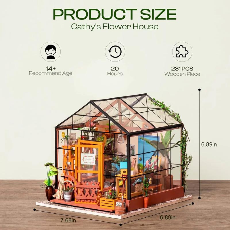 Robotime Mini Green House Cathy's Flower House DIY Dollhouse Wooden Miniature Furniture Kit with LED Best Birthday Gifts DG104 Cathy's Flower House