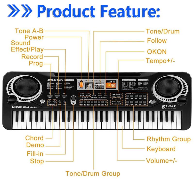 Multifunctional Kids' 61-Key Electronic Piano Keyboard, Music keyboard With Microphone, Record & Playback Function - Gift for Beginner