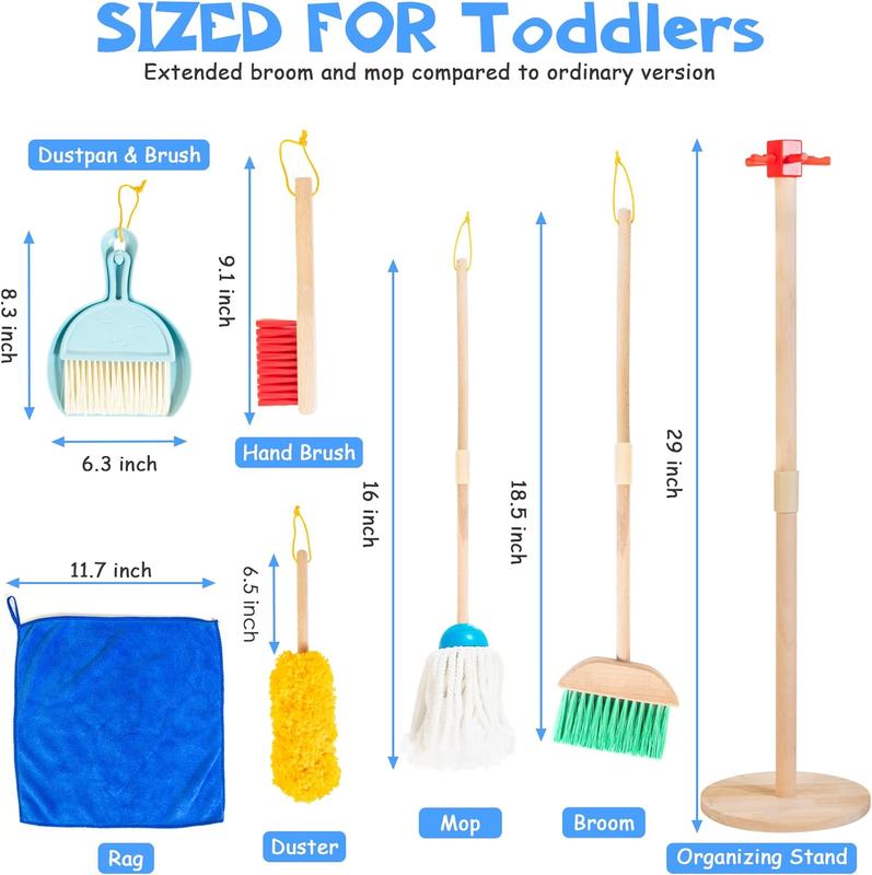 Montessori Wooden Cleaning Set, 8 Pieces Broom and Mop Set, Housework Pretend Play Toy, Christmas Gift for Toddlers Girls Boys