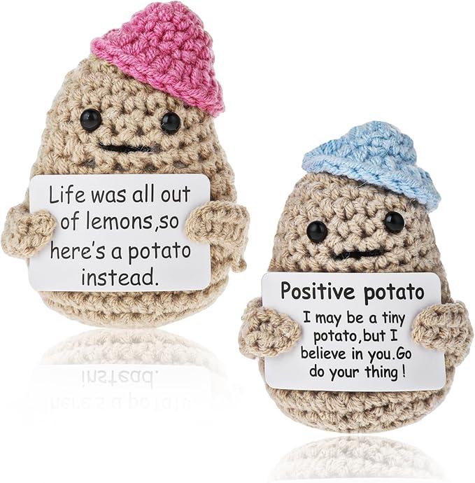 Mini Funny Positive Potato, 3 Inch Cute Funny Couples Wool Knitting Doll Potato with Positive Card Cheer Up Gifts for New Year Gift Birthday Gifts Friends Party Decoration Encouragement