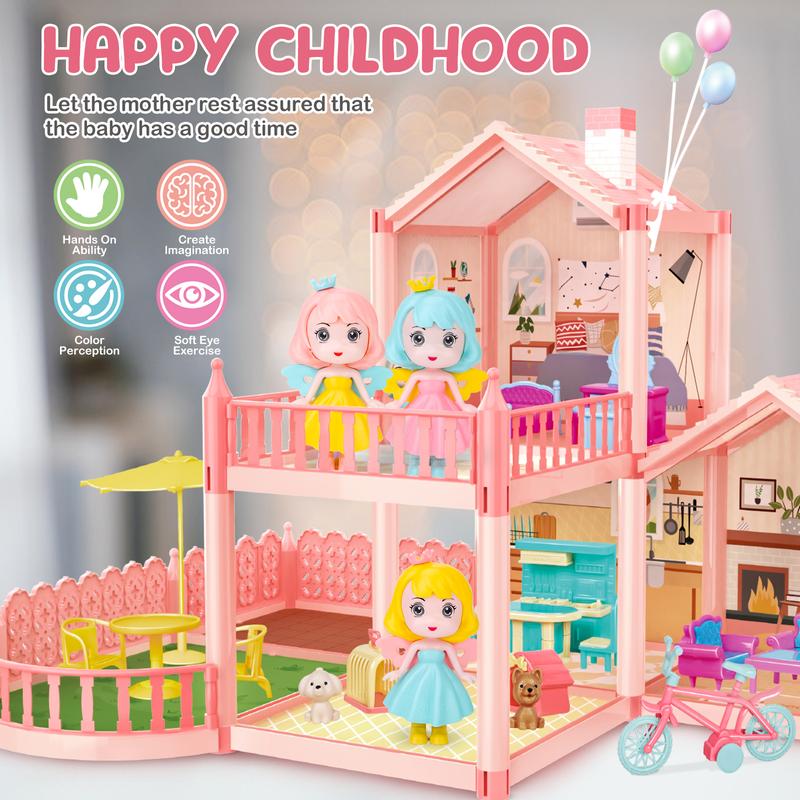 deAO Dollhouse Dreamhouse , DIY Building Pretend Play House with Accessories Furniture,Gift