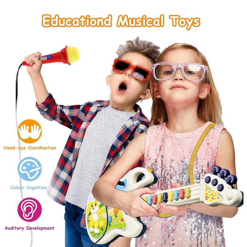 Guitar and Microphone Toys, Pretend Play Musical Instruments Educational Toys for Age 3 4 5 6 7 Girls Boys, Light and Sound Gifts