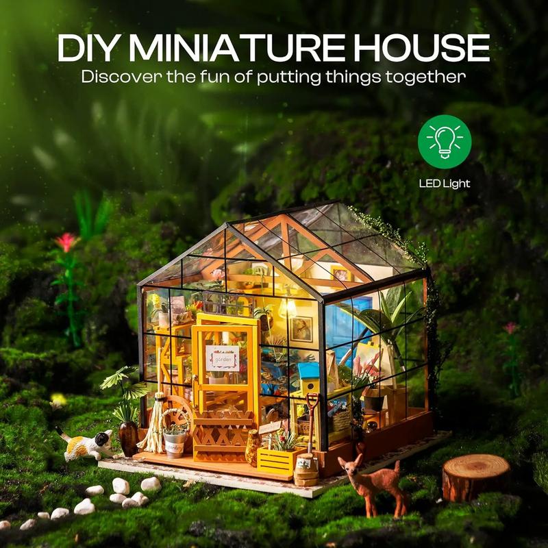 Robotime Mini Green House Cathy's Flower House DIY Dollhouse Wooden Miniature Furniture Kit with LED Best Birthday Gifts DG104 Cathy's Flower House