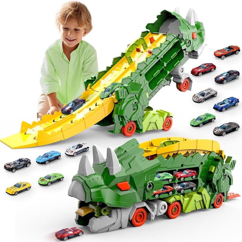 Dinosaur Truck Toys for Kids, Transforms into Triceratops with Race Track Set, Ultimate City Dinosaur Transporter Hauler with 4 Cars, Birthday Gifts Toys for Boys 3 4 5 6 7 8 Years Old Green