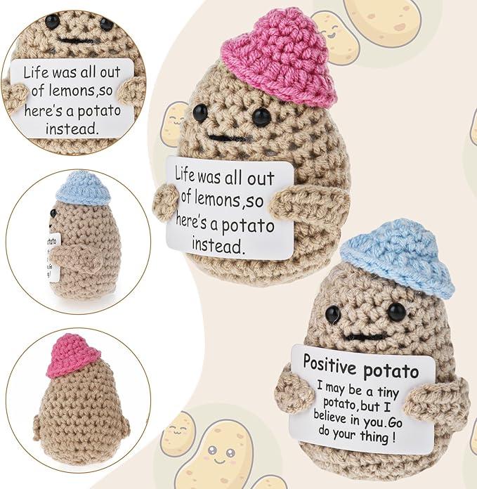 Mini Funny Positive Potato, 3 Inch Cute Funny Couples Wool Knitting Doll Potato with Positive Card Cheer Up Gifts for New Year Gift Birthday Gifts Friends Party Decoration Encouragement