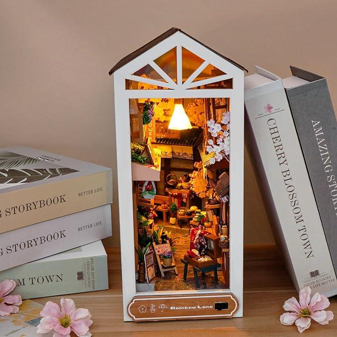 Rainbow Lane DIY Dollhouse Miniature Book Nook Assemble Kit,3D Wooden Puzzle Bookshelf Insert Decor with Sensor Light,Bookends Model Build-Creativity Kit for Adults Birthday Gift