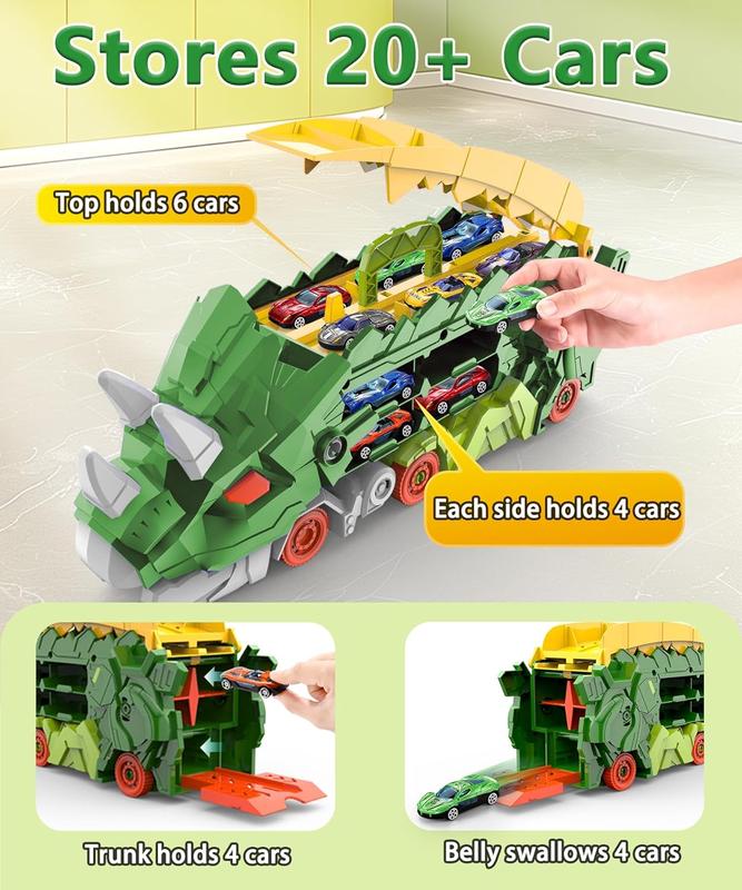 Dinosaur Truck Toys for Kids, Transforms into Triceratops with Race Track Set, Ultimate City Dinosaur Transporter Hauler with 4 Cars, Birthday Gifts Toys for Boys 3 4 5 6 7 8 Years Old Green