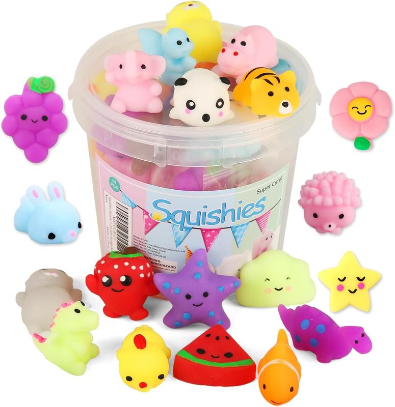 Squishies Squishy Toy 24 count Party Favors for Kids Mochi Squishy Toy moji Kids Mini Kawaii squishies Mochi Stress Reliever Anxiety Toys Easter Basket Stuffers fillers with Storage Box