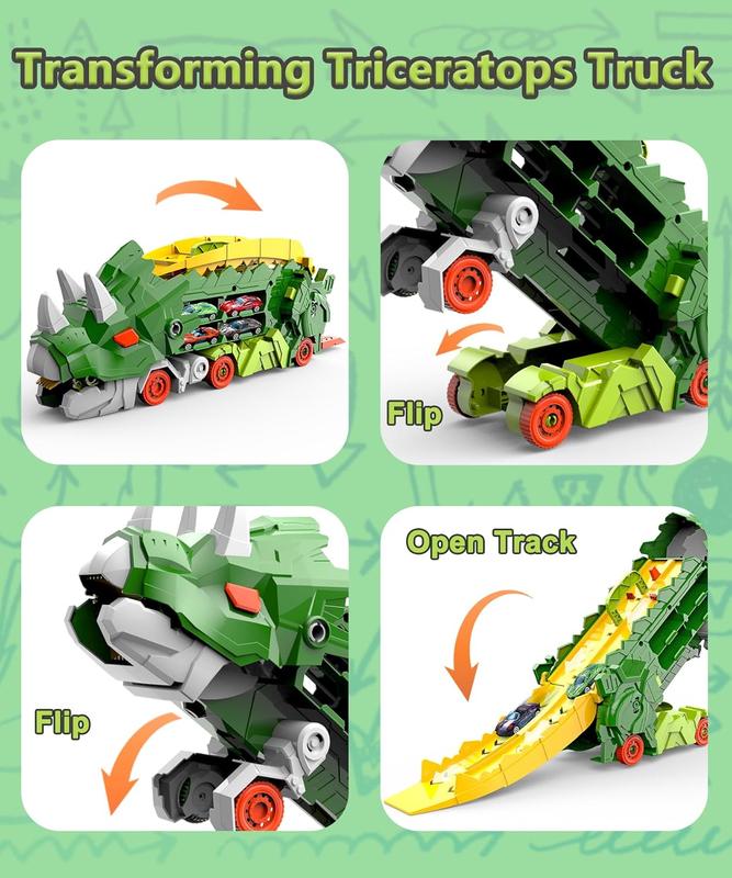 Dinosaur Truck Toys for Kids, Transforms into Triceratops with Race Track Set, Ultimate City Dinosaur Transporter Hauler with 4 Cars, Birthday Gifts Toys for Boys 3 4 5 6 7 8 Years Old Green