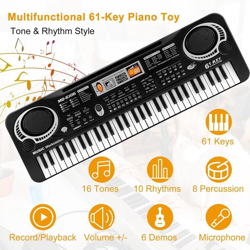 Multifunctional Kids' 61-Key Electronic Piano Keyboard, Music keyboard With Microphone, Record & Playback Function - Gift for Beginner