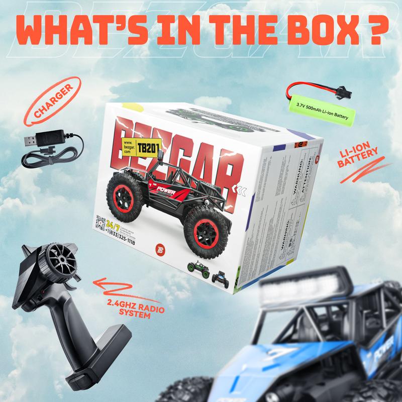 BEZGAR TB201 RC Cars-1:20 Scale Remote Control Car-2WD High Speed 20 Km h Electric Toy Off Road Vehicle Monster Truck Crawler with LED Headlight and Rechargeable Battery for 8-12 Year Old Boys Girls