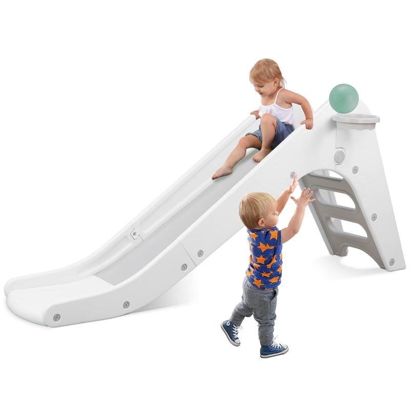 Freestanding Kids Slide, 3 in1 Toddler Slide Climber with Basketball Hoop & Ball, Baby Playset w Long Slope