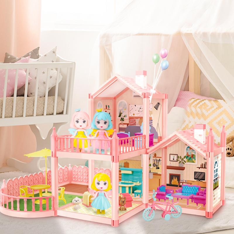 deAO Dollhouse Dreamhouse , DIY Building Pretend Play House with Accessories Furniture,Gift