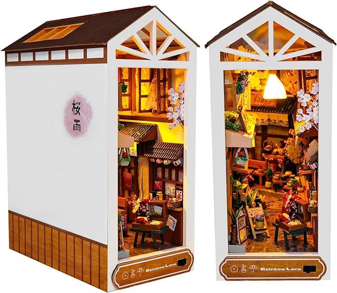 Rainbow Lane DIY Dollhouse Miniature Book Nook Assemble Kit,3D Wooden Puzzle Bookshelf Insert Decor with Sensor Light,Bookends Model Build-Creativity Kit for Adults Birthday Gift