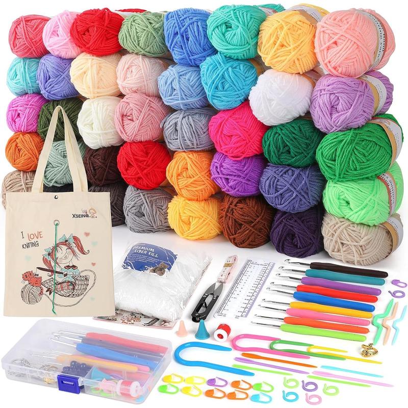 Crochet Kit with 40 Colors Yarn Balls, Hooks, Accessories, and Bag - Complete Starter Pack for Adults