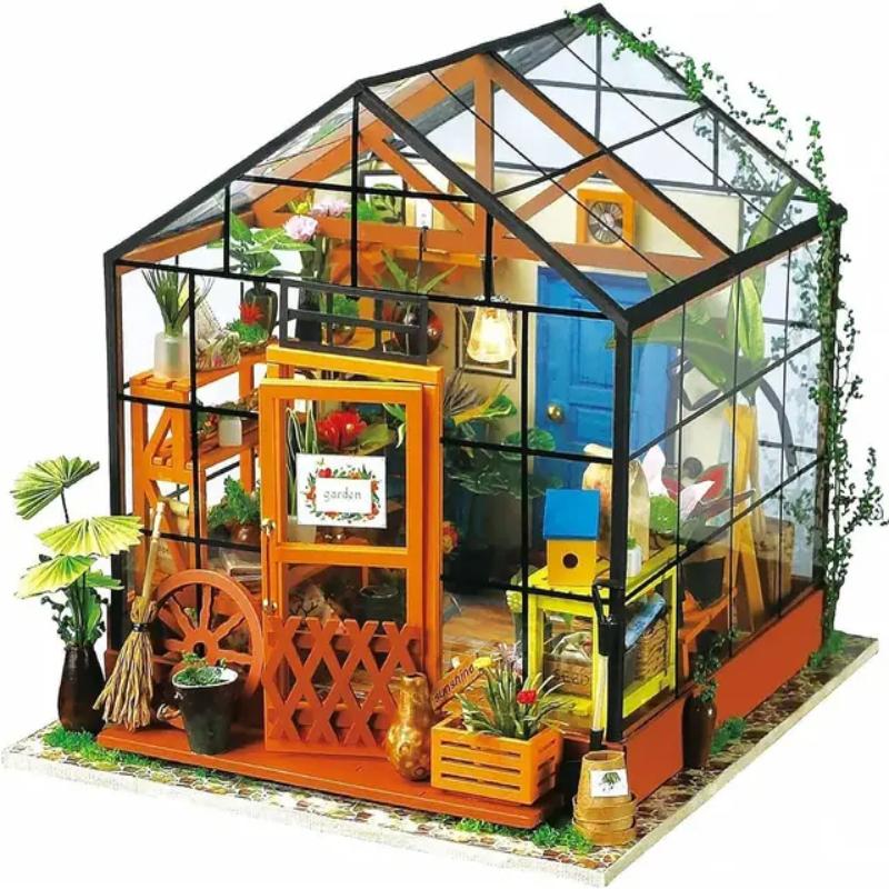 Robotime Mini Green House Cathy's Flower House DIY Dollhouse Wooden Miniature Furniture Kit with LED Best Birthday Gifts DG104 Cathy's Flower House