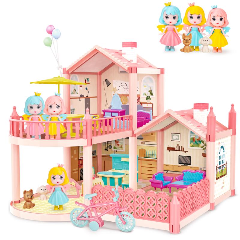 deAO Dollhouse Dreamhouse , DIY Building Pretend Play House with Accessories Furniture,Gift