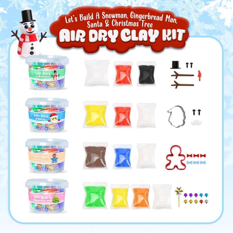 Christmas gift Crafts for Kids - Build a Snowman, Gingerbread Man, Santa & Christmas Tree - 4 Piece DIY Air Dry Clay Kit - Xmas Gifts for Girls Boys