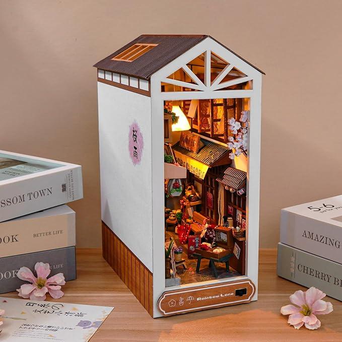 Rainbow Lane DIY Dollhouse Miniature Book Nook Assemble Kit,3D Wooden Puzzle Bookshelf Insert Decor with Sensor Light,Bookends Model Build-Creativity Kit for Adults Birthday Gift