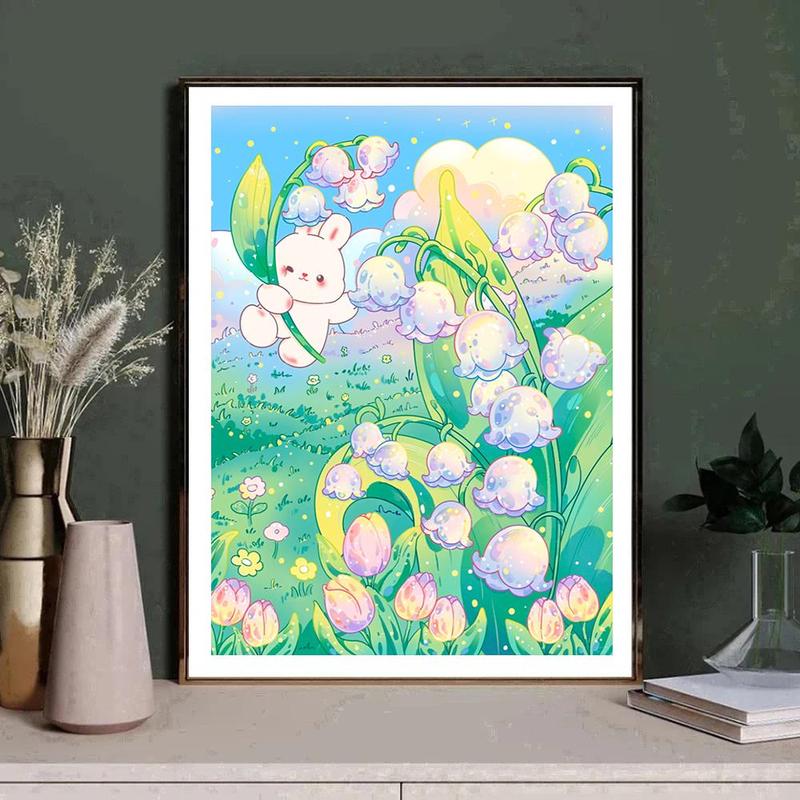 Cartoon Rabbit & Bell Orchid Pattern Diamond Arts Colorful Painting Kit, 1 Set DIY 5D Diamond Decorative Painting Without Frame For Bedroom Living Room