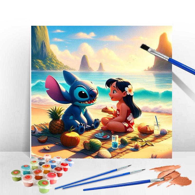 Disney Seaside Picnic Lilo and Stitch Pattern DIY Painting By Number Kit, 1 Set DIY Painting By Number for Beginner, Wall Art Gift for Home Decor