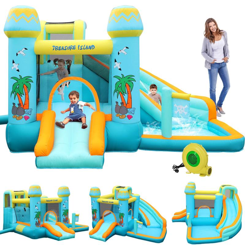 Kids Inflatable Bounce House w 450W Blower, Kid Bouncer & Water Slide 2 in 1, Outdoor Indoor Bouncy Castle Water Park Backyard with 2 Slides, Climbing Wall, Jumping Area, Splash Pool