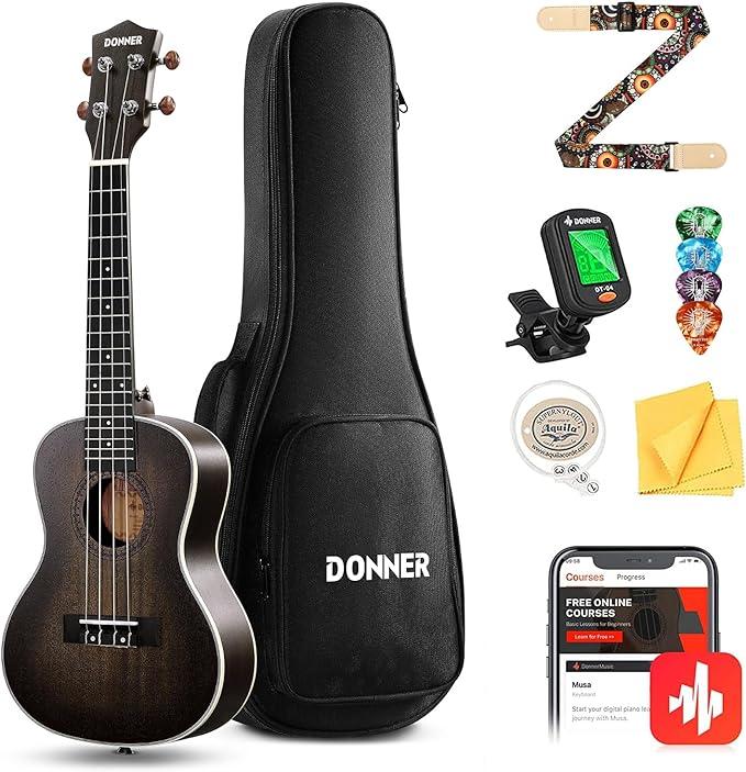 Donner Concert Ukulele Professional 23 Inch Mahogany Ukelele for Kid Adult Beginner Ukele Bundle with Online Lesson Gig Bag Aquila String Pick Tuner Strap Cloth DUC-200D Dark