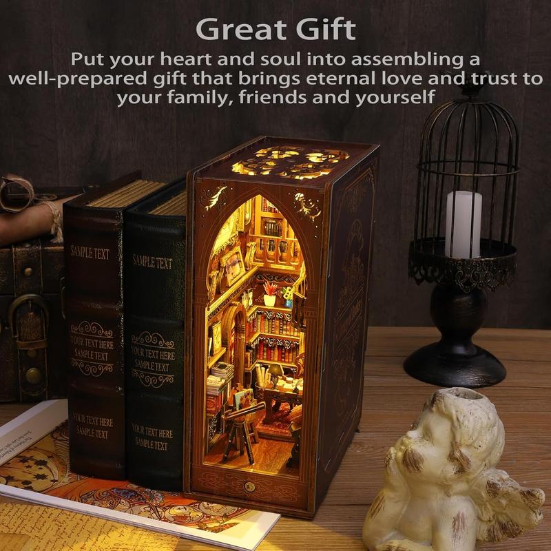 DIY Book Nook Miniature Kit with 3D Wooden Puzzle, DIY Manual Book Stand for Bookshelf Insert Decor for Creative Assembled Bookends for Romantic Gift (Library of Book)