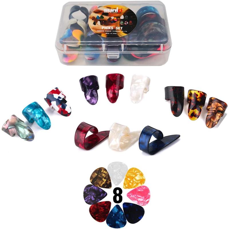 Thumb Finger Picks Plectrum With Plastic Picks Case, 1 Dozen (3 Pairs)  Celluloid Guitar thumb finger picks Mandolin Banjo thumb finger picks and Free 8pcs 0.46mm Guitar Picks (Mix Color)