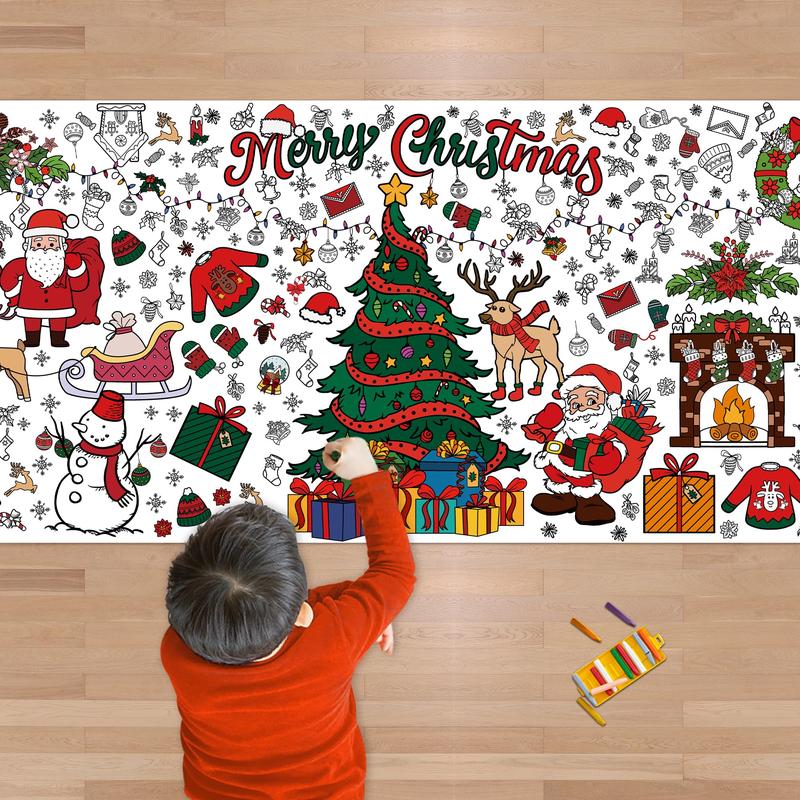 Xmas Giant Coloring Poster Tablecloth-Christmas Crafts for Kids-30 x 72 Inches Jumbo Paper Coloring Banner Kids Gifts Activities Toys Party Classroom Christmas Decorations