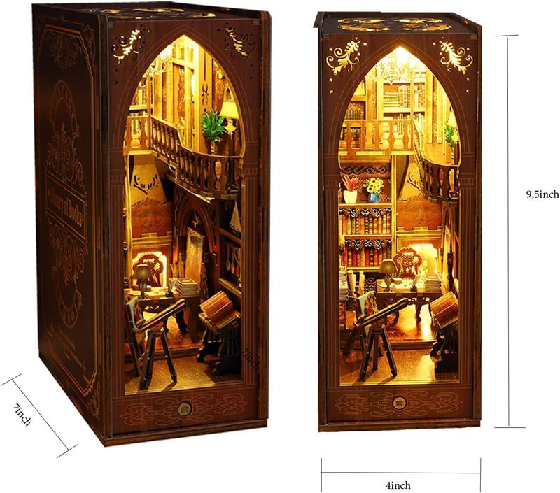 DIY Book Nook Miniature Kit with 3D Wooden Puzzle, DIY Manual Book Stand for Bookshelf Insert Decor for Creative Assembled Bookends for Romantic Gift (Library of Book)