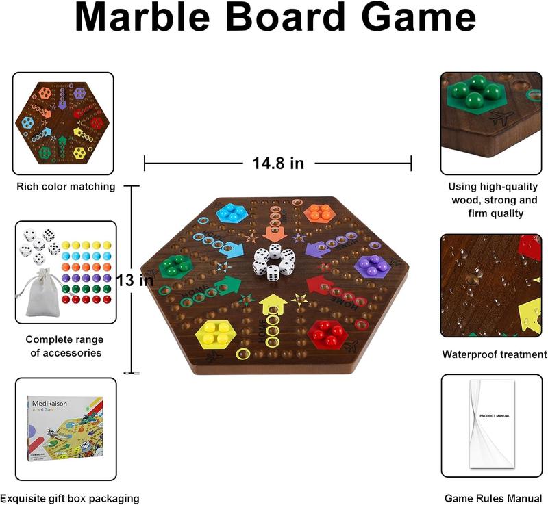 Wahoo Marble Board Game 4 and 6 Players 2 Sided Painted Thicken Wood Aggravation Board Game for Family Friends Party