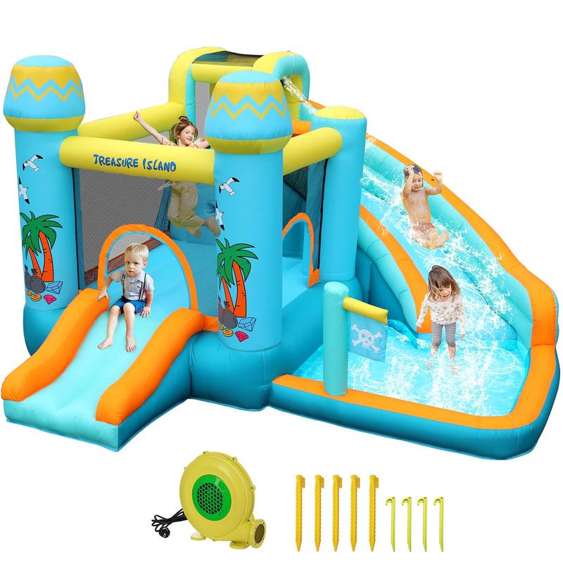 Kids Inflatable Bounce House w 450W Blower, Kid Bouncer & Water Slide 2 in 1, Outdoor Indoor Bouncy Castle Water Park Backyard with 2 Slides, Climbing Wall, Jumping Area, Splash Pool