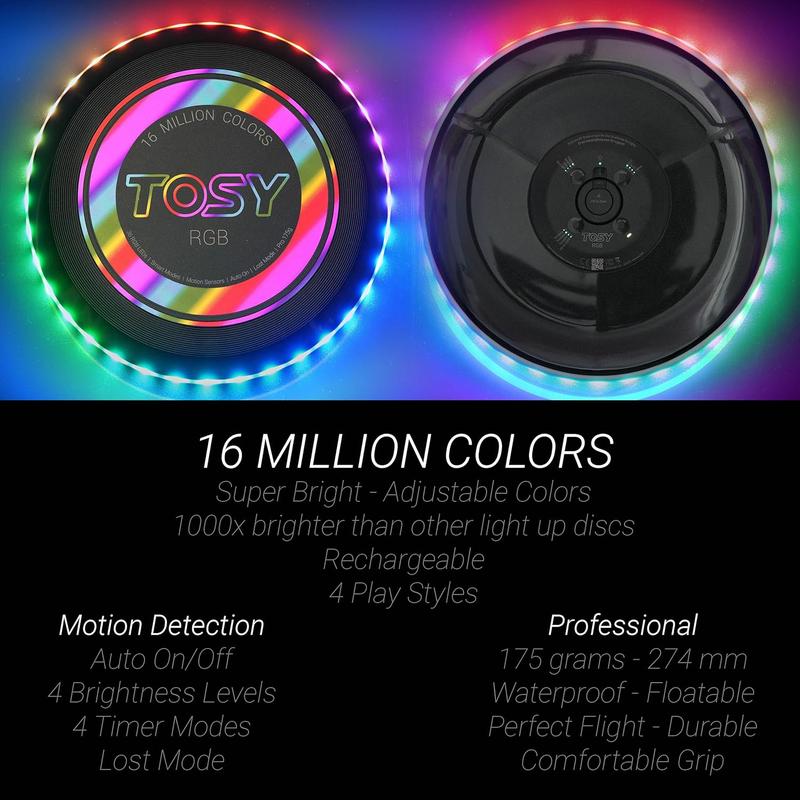 TOS Flying Disc - 16 Million Color RGB or 36 LEDs, Extremely Bright, Smart Modes, Auto Light Up, Rechargeable, Cool Fun Christmas, Birthday & Camping Gift for Men Boys Teens Kids, 175g Frisbee