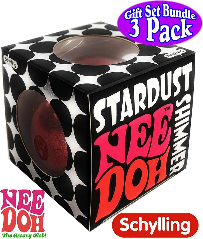 Nee-Doh Schylling Stardust Shimmer Groovy Glob! Squishy, Squeezy, Stretchy Stress Balls Blue, Red & Purple Complete Gift Set Party Bundle - 3 Pack