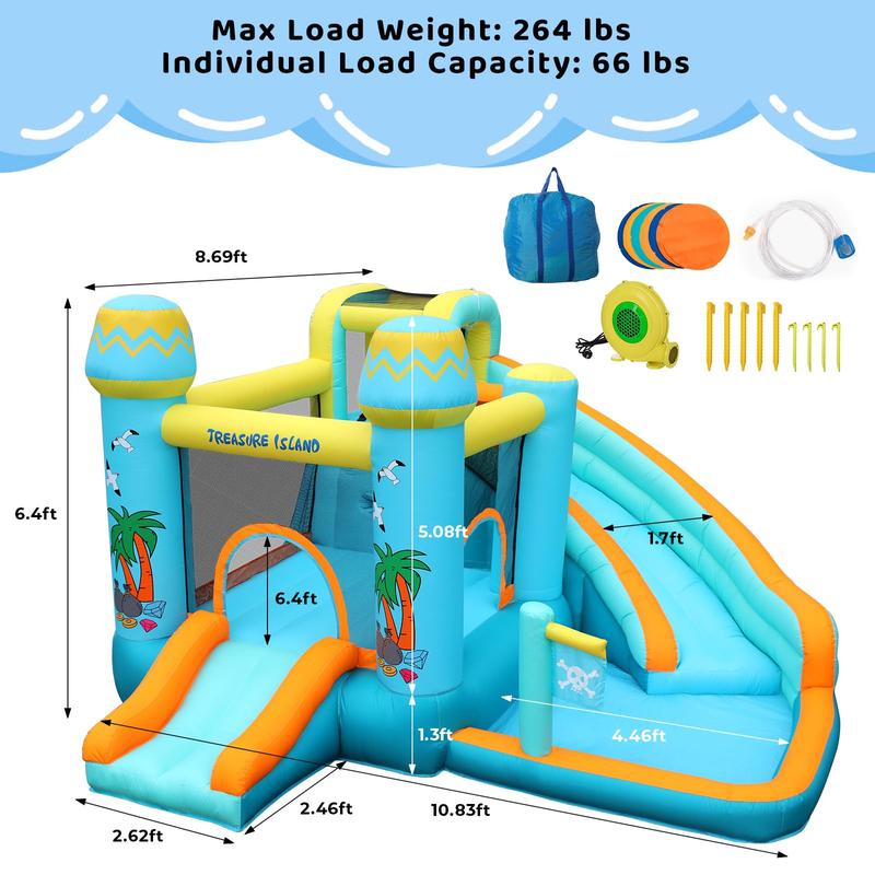 Kids Inflatable Bounce House w 450W Blower, Kid Bouncer & Water Slide 2 in 1, Outdoor Indoor Bouncy Castle Water Park Backyard with 2 Slides, Climbing Wall, Jumping Area, Splash Pool