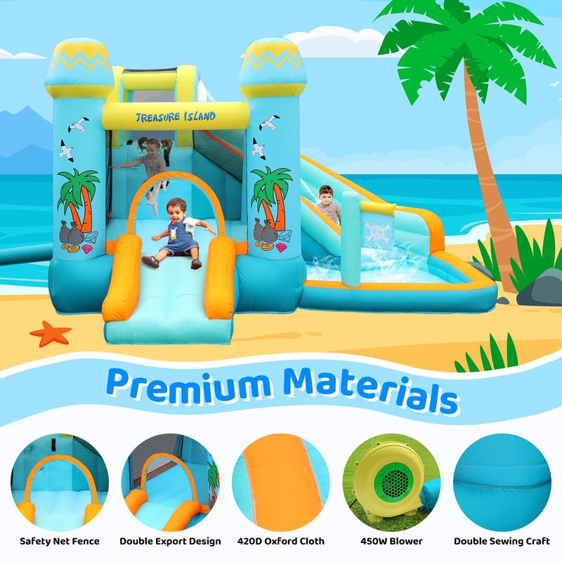 Kids Inflatable Bounce House w 450W Blower, Kid Bouncer & Water Slide 2 in 1, Outdoor Indoor Bouncy Castle Water Park Backyard with 2 Slides, Climbing Wall, Jumping Area, Splash Pool