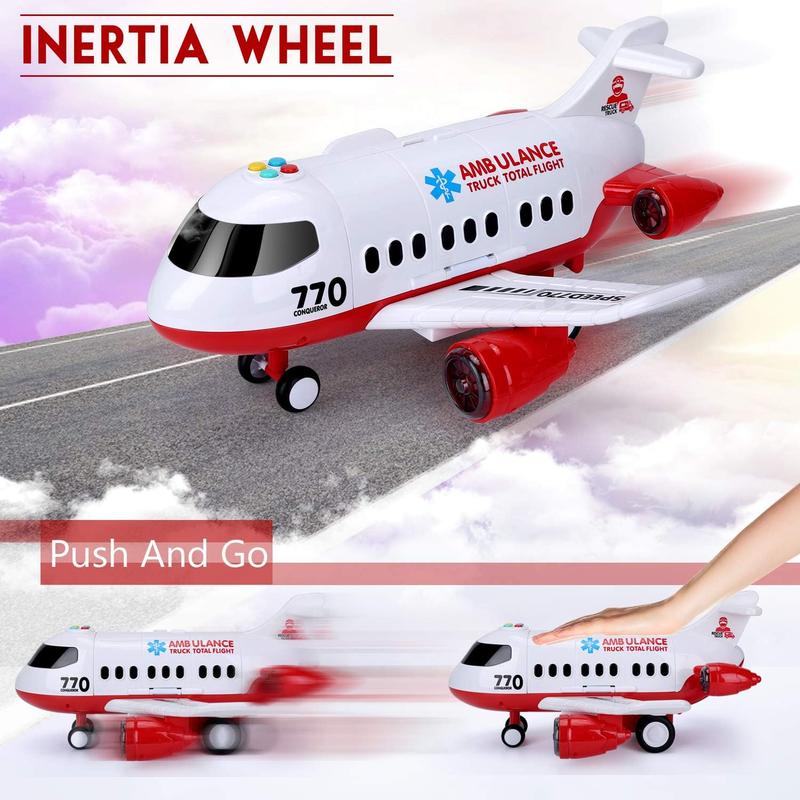 Airplane Toy Kids Plane 15 Inches Large with Light and Sound for 3 4 5 6 7 Year Old Boys Girls Toddlers, Ambulance Aircraft Toy Vehicle Play Set with Traffic Signs and 6 Rescue Trucks