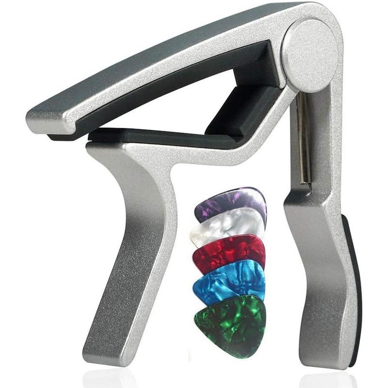 Guitar capo for 6 String Steel Acoustic and Electric Guitars with 5 Picks for Free,Silver