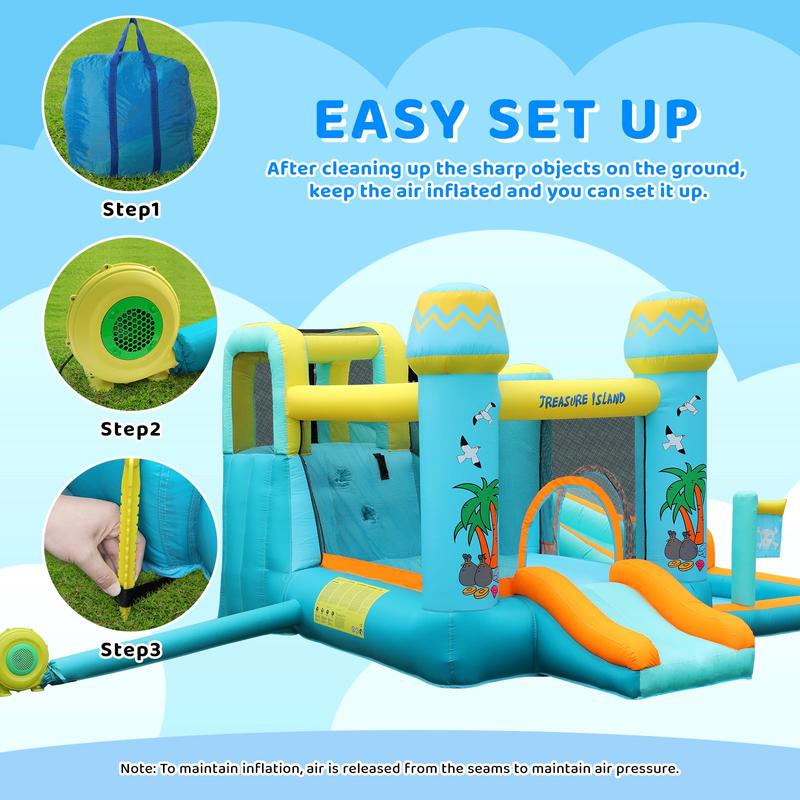 Kids Inflatable Bounce House w 450W Blower, Kid Bouncer & Water Slide 2 in 1, Outdoor Indoor Bouncy Castle Water Park Backyard with 2 Slides, Climbing Wall, Jumping Area, Splash Pool