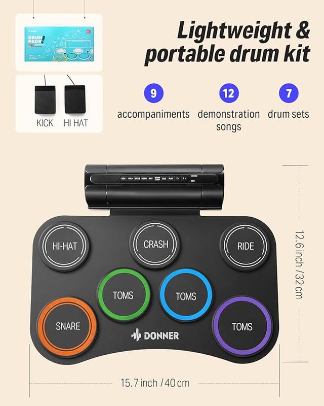 Donner Electronic Drum Set, 7 Pads Electric Drum Pad Roll Up Quiet Drum Pad Built-in Speaker, 40 Drum Lessons Included, Kids Holiday Christmas & Birthday Gift Instrument Toys(DED-20)