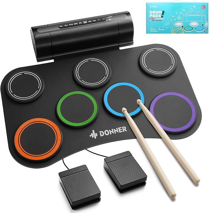 Donner Electronic Drum Set, 7 Pads Electric Drum Pad Roll Up Quiet Drum Pad Built-in Speaker, 40 Drum Lessons Included, Kids Holiday Christmas & Birthday Gift Instrument Toys(DED-20)